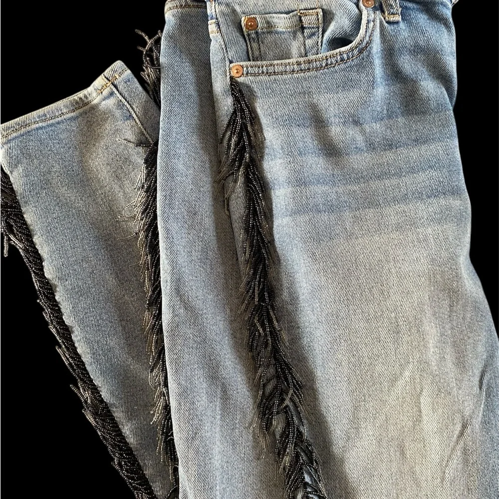 7 for all mankind Vintage Luxe Beaded Fringe Detail Blue Jeans - Picture 2 of 9